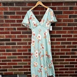 A New Day Light Green and Cream Floral V Neck and Back Flounce Sleeve Dress